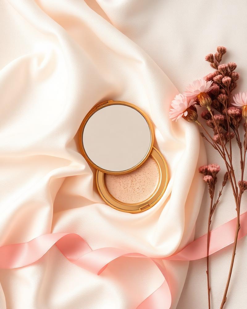 Beauty flatlay with compact and dried flowers